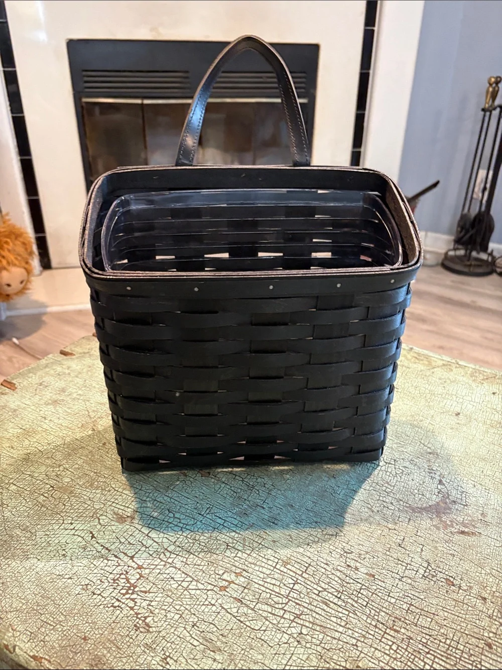 Longaberger Black Medium Wall Pocket Basket w Leather Strap & Original Protector